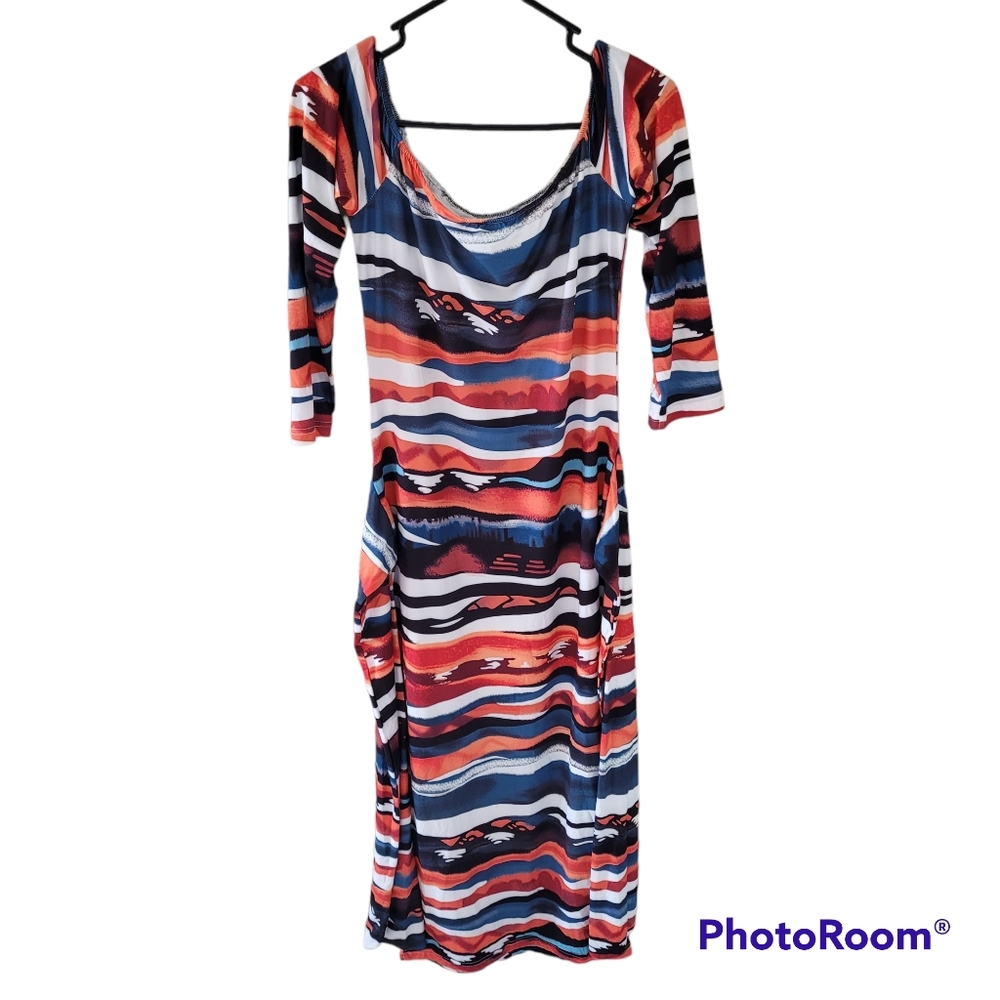 Muriell's Closet multiprint knit dress. White, blue, orange. Fits like a…